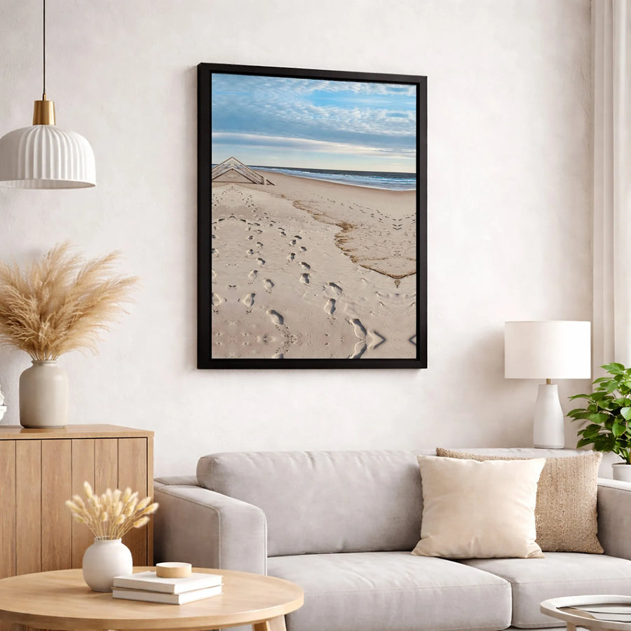 Beach Footprints Canvas Wall Art | Serene Ocean Shore Landscape | Gallery Wrapped Premium Print | Coastal Home Office Decor Gift