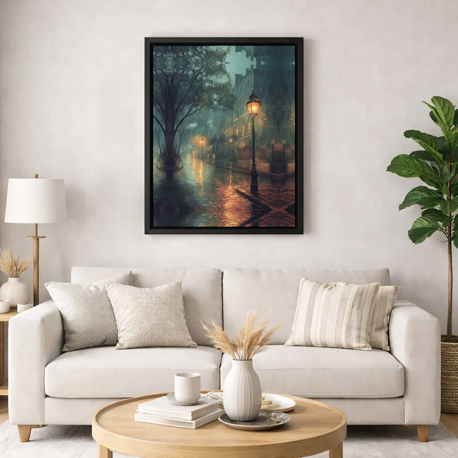 Rainy Night City Street Canvas Art | Glowing Lamppost Streetscape | 1.25" Thick Premium Gallery Wrap | Atmospheric Home & Office Decor Gift