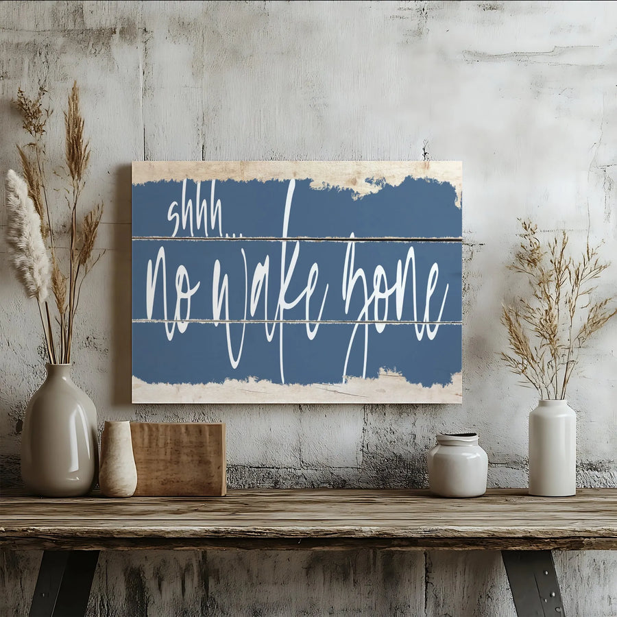 No Wake Zone Canvas Wall Art | Rustic Painted Wood Look Typography | Premium Fade-Resistant Print | Lake House & Coastal Decor Gift