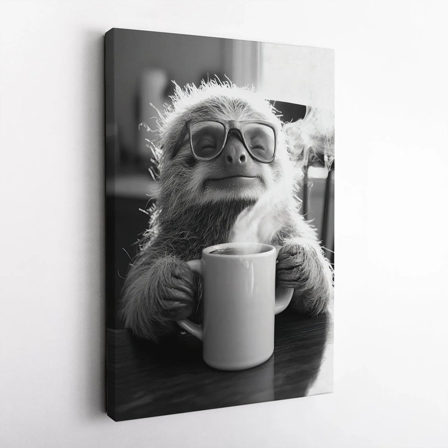 Sloth Coffee Wall Art | Whimsical Sloth With Glasses Canvas | Premium 1.25" Thick Gallery Wrap | Cute Animal Lover Home Decor Gift