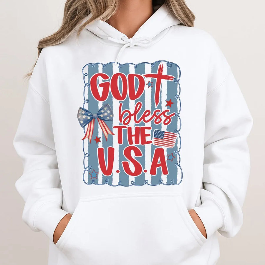 God Bless The USA Hoodie | Patriotic Coquette Bow Graphic | Soft Cotton Blend | Christian 4th of July Gift For Women