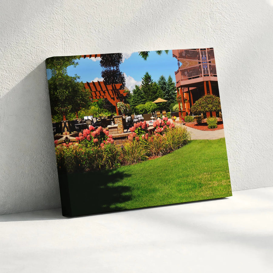 Landscaped Garden Canvas Print | Summer Patio and Pergola Landscape | 1.25-Inch Gallery-Wrapped Wall Art | Nature Home Decor for Living Room