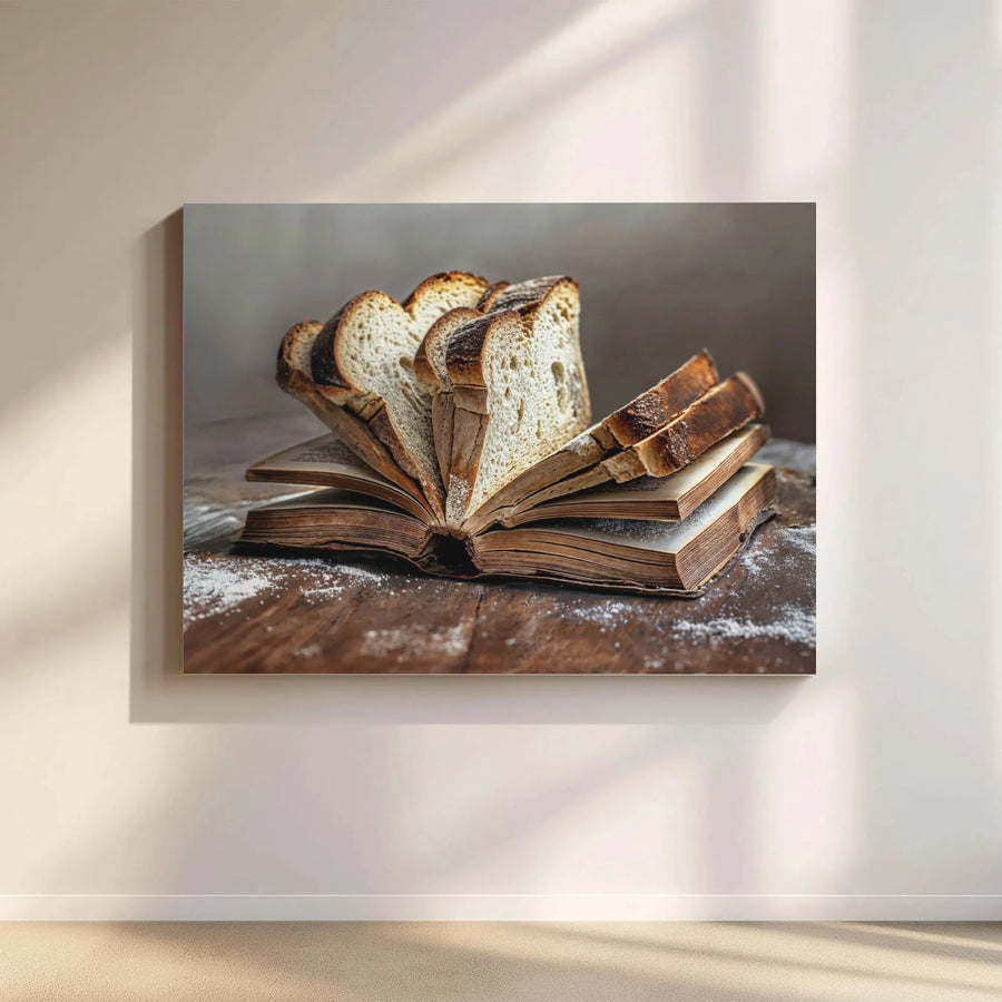 Bread Book Canvas Wall Art | Surreal Still Life Photography | Premium Gallery Wrapped Canvas | Unique Kitchen Decor Gift for Bakers & Readers