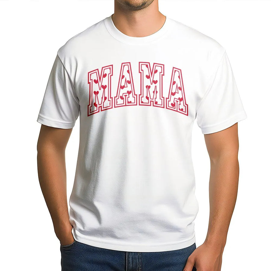 Mama Heart T-Shirt | Varsity Letter Graphic Print | 100% Cotton Premium Tee | Cute Valentine's Day Gift for Mom