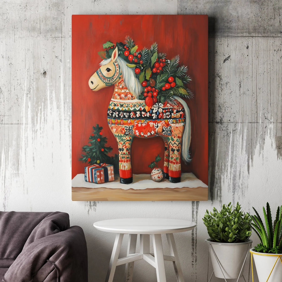 Dala Horse Canvas Print | Festive Folk Art Christmas Wall Decor | Premium Fade-Resistant Gallery Wrap | Seasonal Holiday Gift for Home