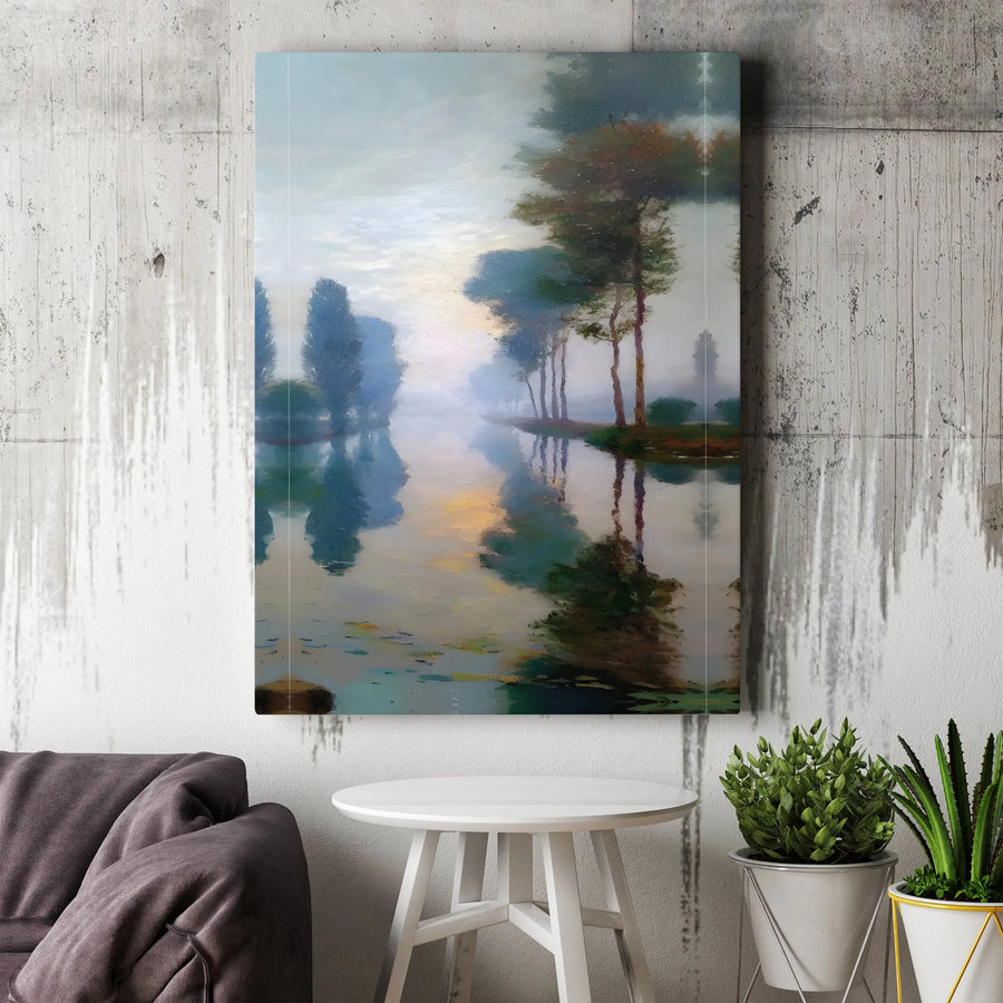 Misty River Landscape Canvas Print | Impressionist Nature Wall Art | 1.25 Inch Premium Gallery Wrap | Serene Home Office Decor Gift