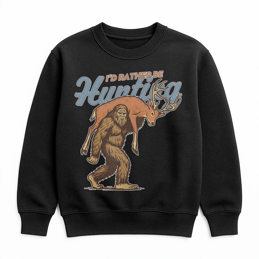 Bigfoot Hunting Sweatshirt | Funny Sasquatch Carrying Deer Graphic | Premium Cotton Blend Unisex Crewneck | Unique Hunter Gift for Outdoorsmen