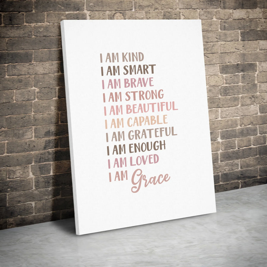 I Am Affirmation Wall Art | Inspirational Quotes Canvas Print | Premium Gallery Wrapped Decor | Motivational Gift for Her or Kids Room