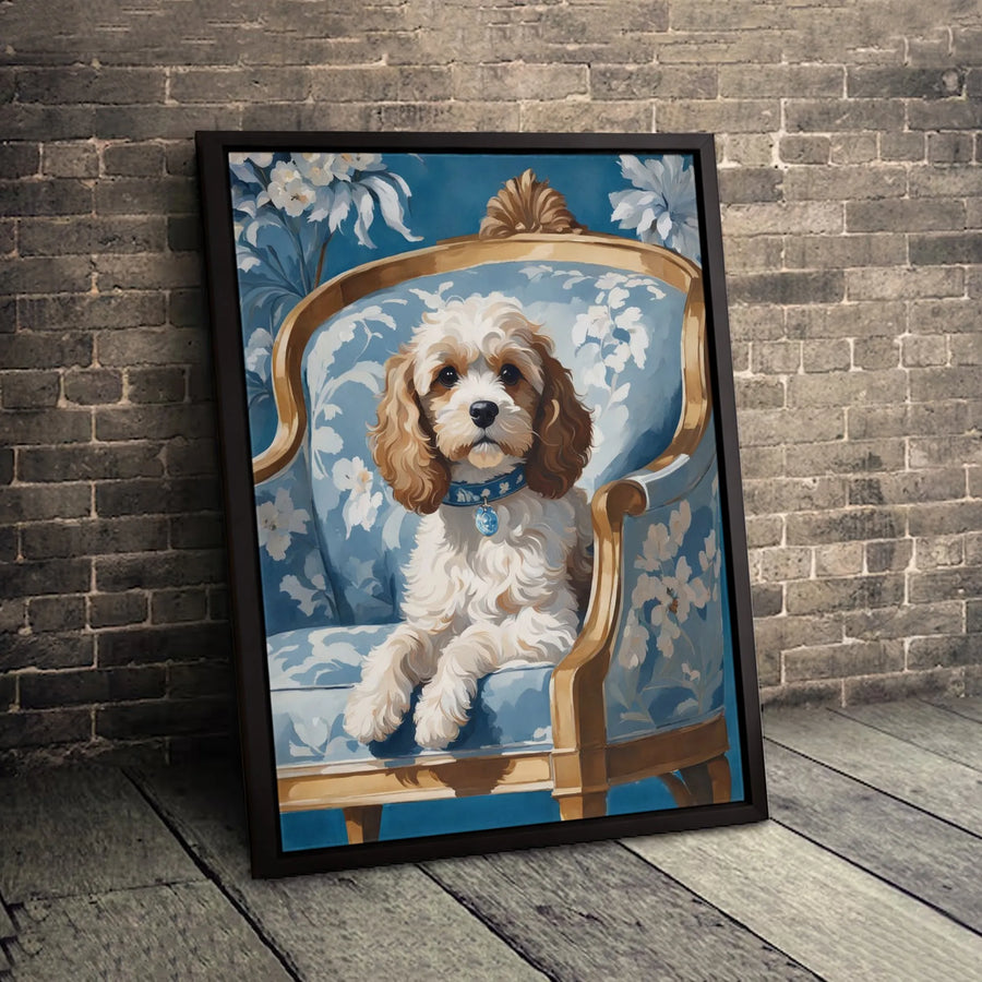 Cockapoo Dog Portrait Wall Art | Regal Royal Blue Floral Chair Canvas | Premium Fade-Resistant Print | Elegant Pet Lover Home Decor Gift