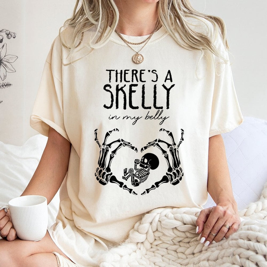 There's A Skelly In My Belly T-Shirt | Funny Halloween Maternity Shirt | Soft 100% Cotton Premium Tee | Cute Pregnant Mom Gift Idea