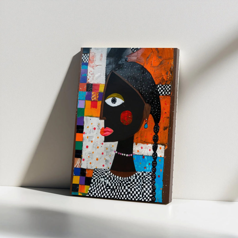 Abstract Black Woman Canvas Wall Art | Modern Cubist Portrait with Geometric Patterns | Premium Gallery Wrapped Print | Cultural Home Decor Gift