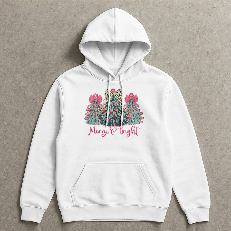 Merry and Bright Christmas Hoodie | Colorful Leopard Print Tree Graphic | Soft Cotton-Polyester Blend | Festive Holiday Gift for Women