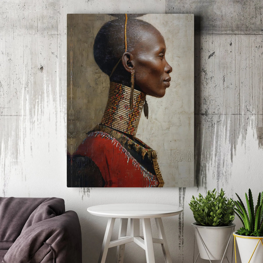 African Woman Canvas Wall Art | Realistic Tribal Portrait with Beaded Collar | Premium Gallery Wrapped Canvas | Modern Home & Office Decor Gift