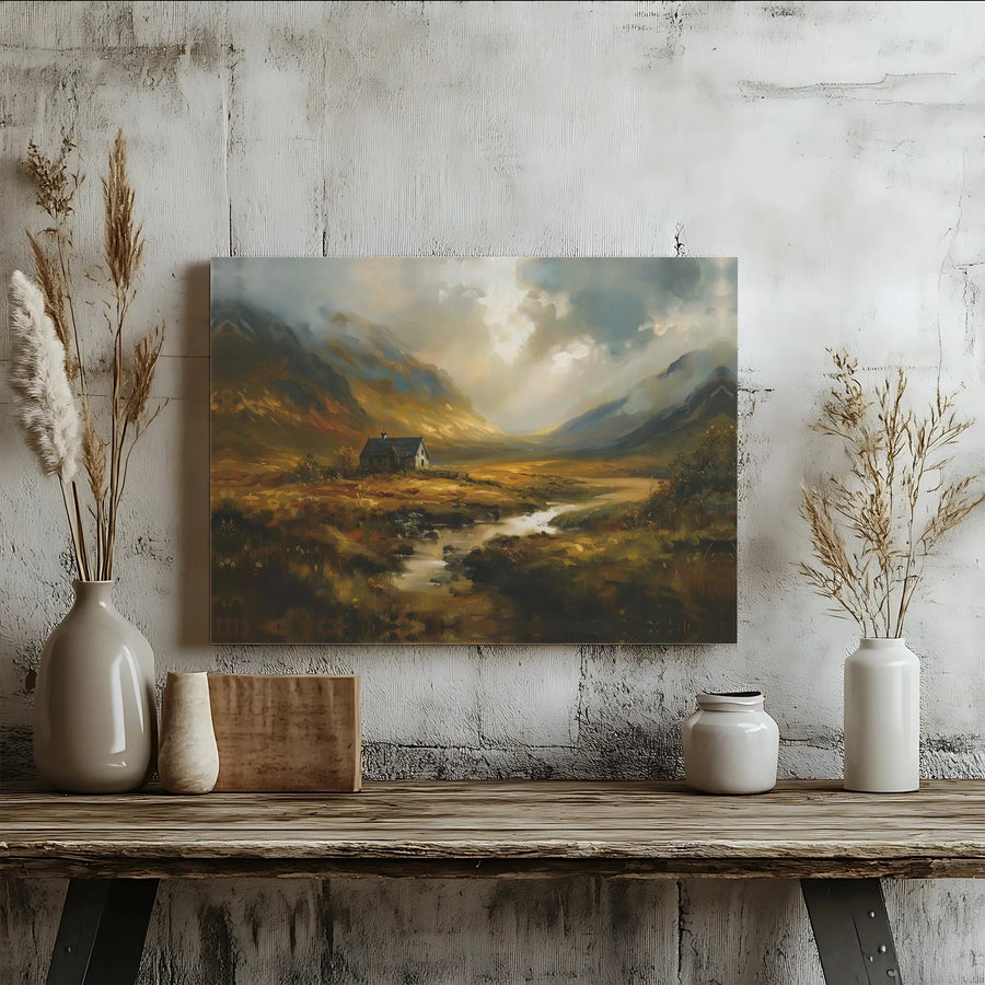 Scottish Highlands Landscape Wall Art | Moody Cottage Oil Painting Style | Premium Gallery Wrap Canvas | Rustic Home Decor & Nature Lover Gift