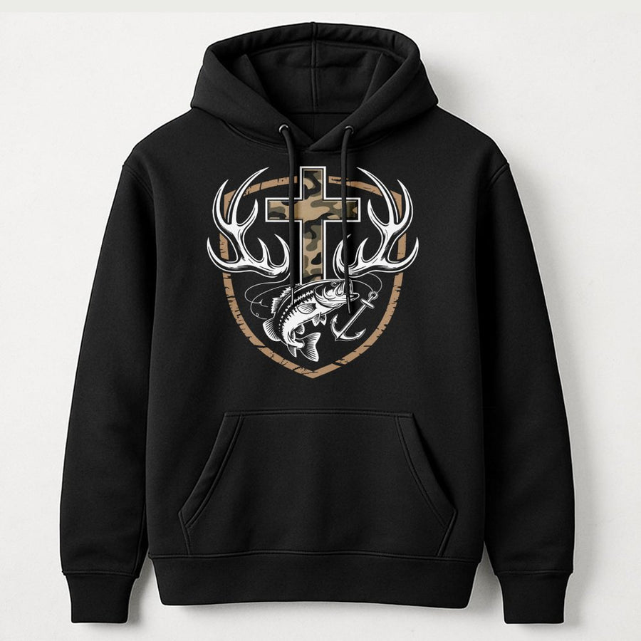 Faith Hunting Hoodie | Camo Cross With Deer Antlers And Fishing Hook Graphic | Premium Cotton Blend | Christian Outdoorsman Gift For Men And Women