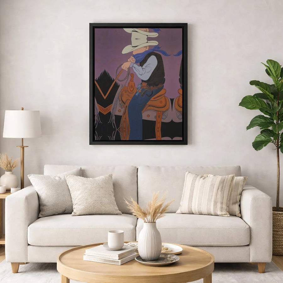 Cowboy Wall Art Canvas | Western Cartoon Horse Rider Print | Gallery Wrapped Premium Decor | Gift for Ranch Home Office
