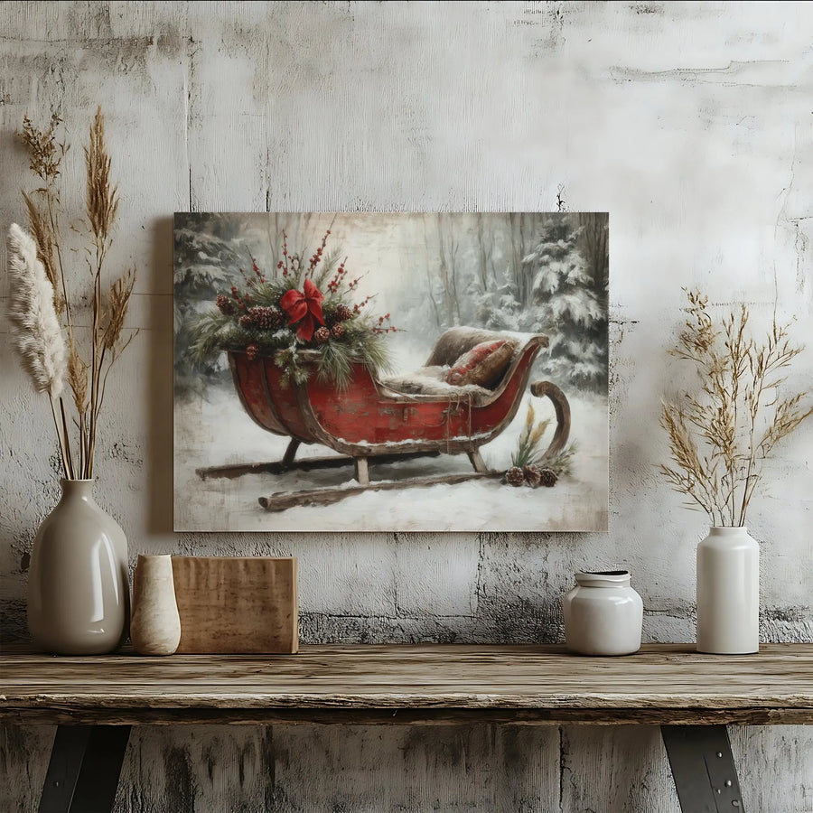 Vintage Christmas Sleigh Wall Art | Snowy Forest Winter Landscape | Premium Gallery Wrapped Canvas | Holiday Home Decor Gift