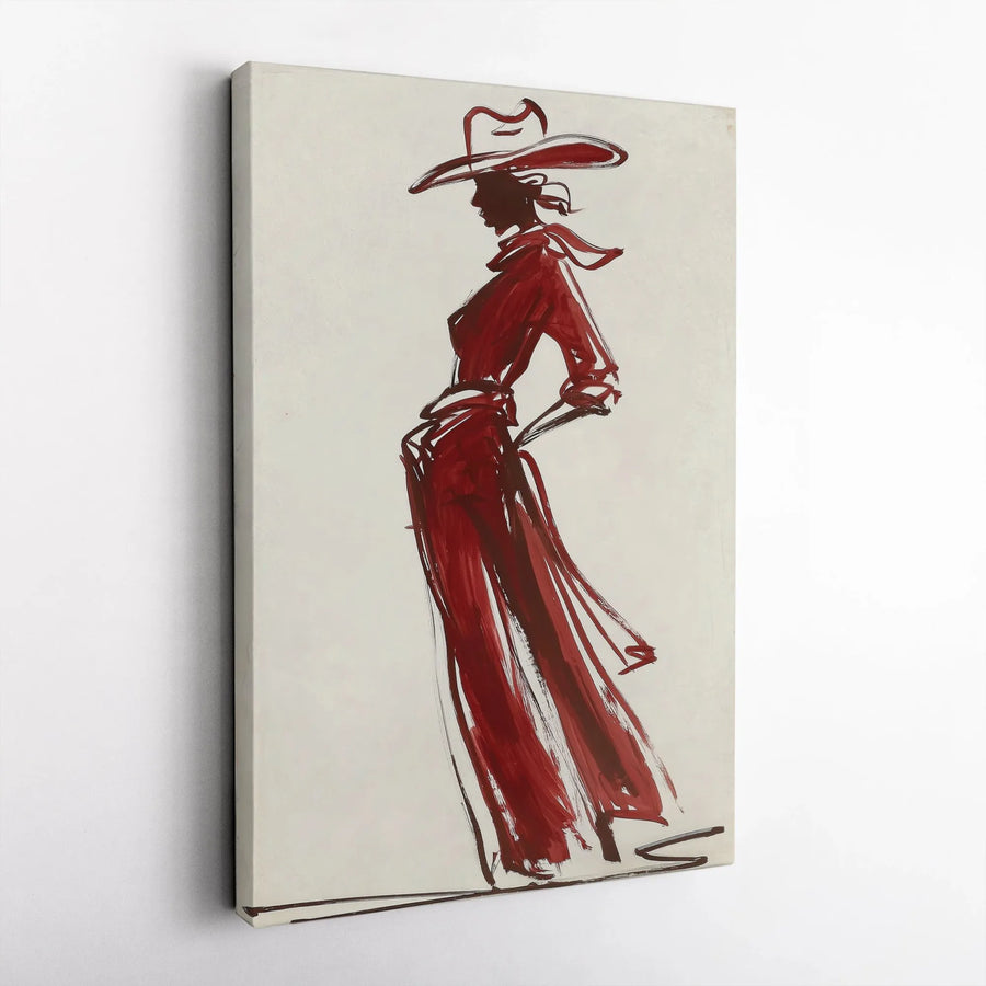 Red Dress Cowgirl Vertical Canvas | Minimalist Fashion Illustration | Premium Thick Gallery Wall Art | Southwestern Home Decor Gift