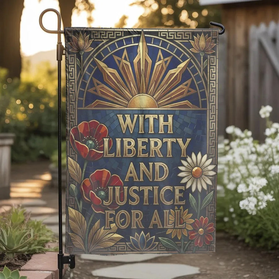 Liberty and Justice For All Garden Flag | Art Deco Floral Mosaic Design | Double-Sided Weather Resistant | Premium Patriotic Yard Decor Gift