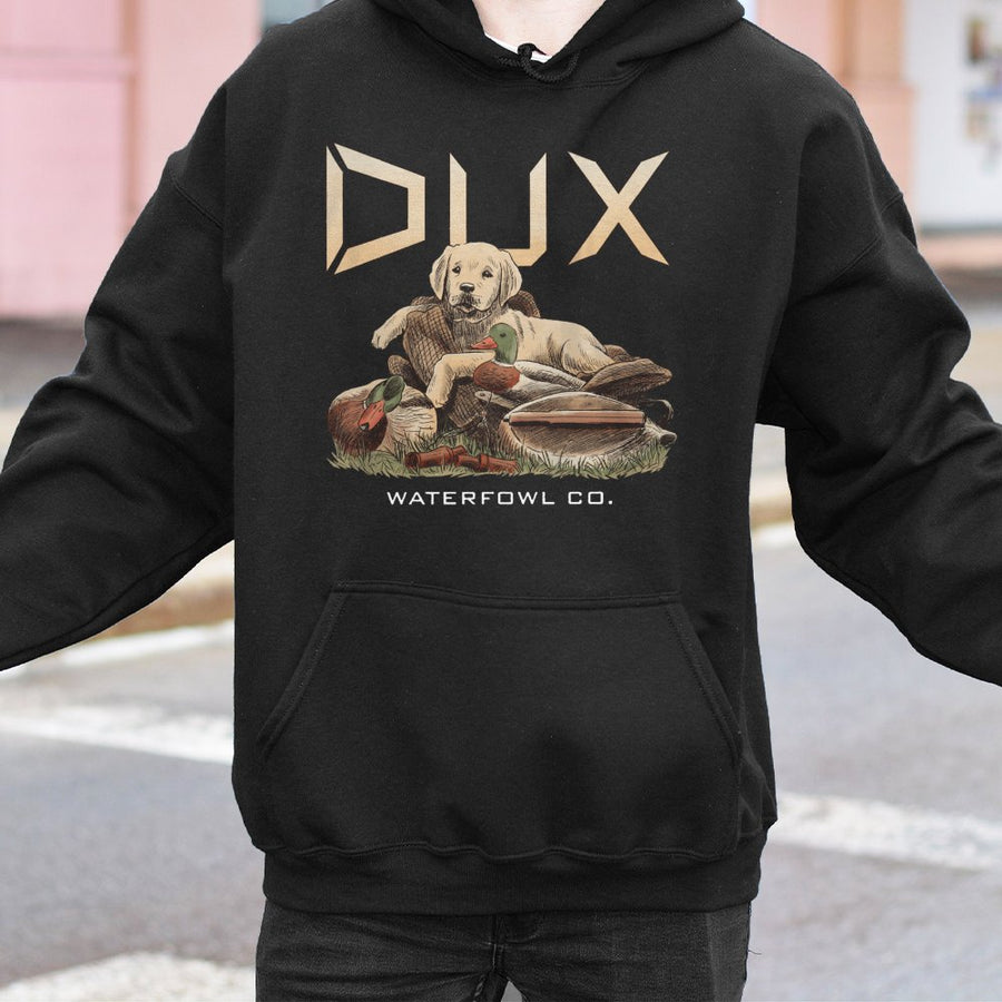 Dux Hunting Hoodie | Vintage Duck Dog & Waterfowl Graphic | Premium Cotton Blend | Gift For Outdoorsmen & Duck Hunters