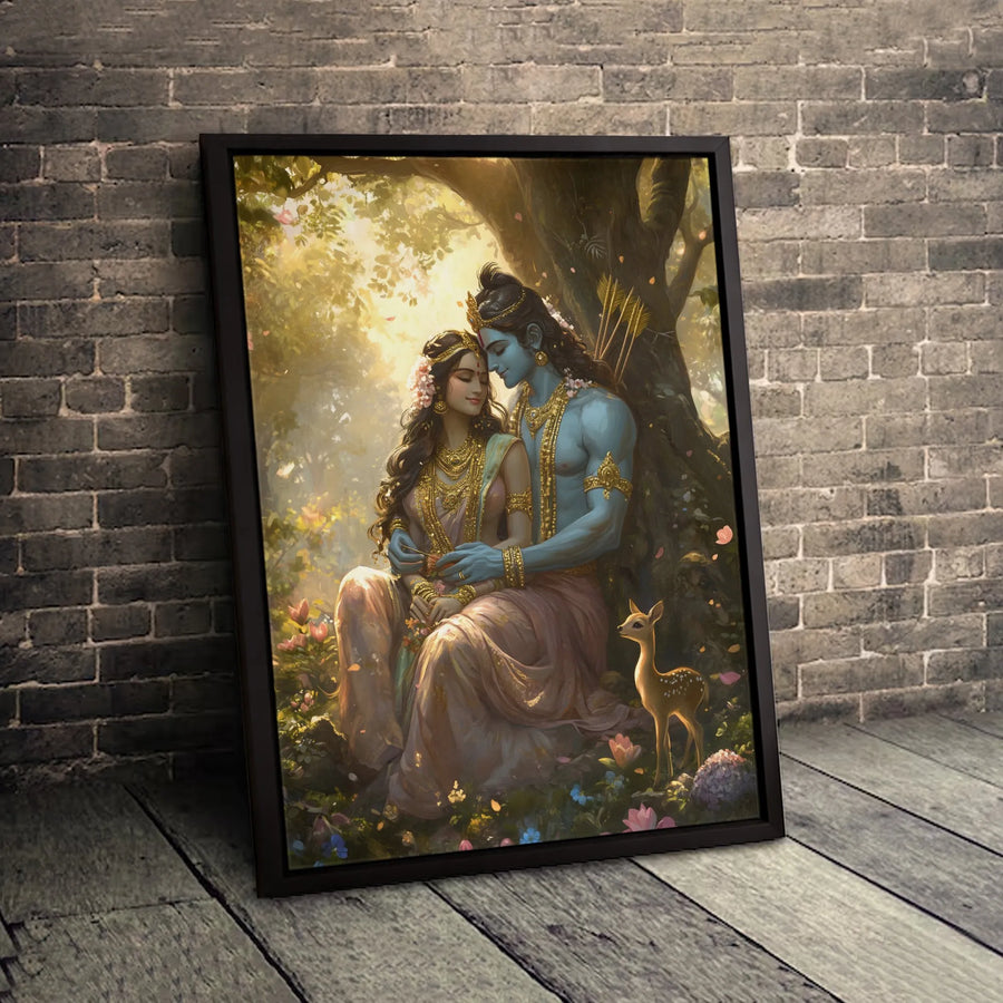 Rama and Sita Canvas Print | Hindu Mythology Forest Wall Art | Premium Gallery Wrapped Decor | Spiritual Home Gift for Meditation and Puja Room