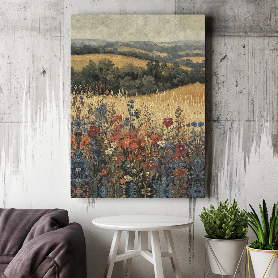 Wildflower Meadow Canvas Print | Impressionist Rolling Hills Landscape Art | Premium Gallery Wrapped Wall Decor | Farmhouse Cottagecore Gift