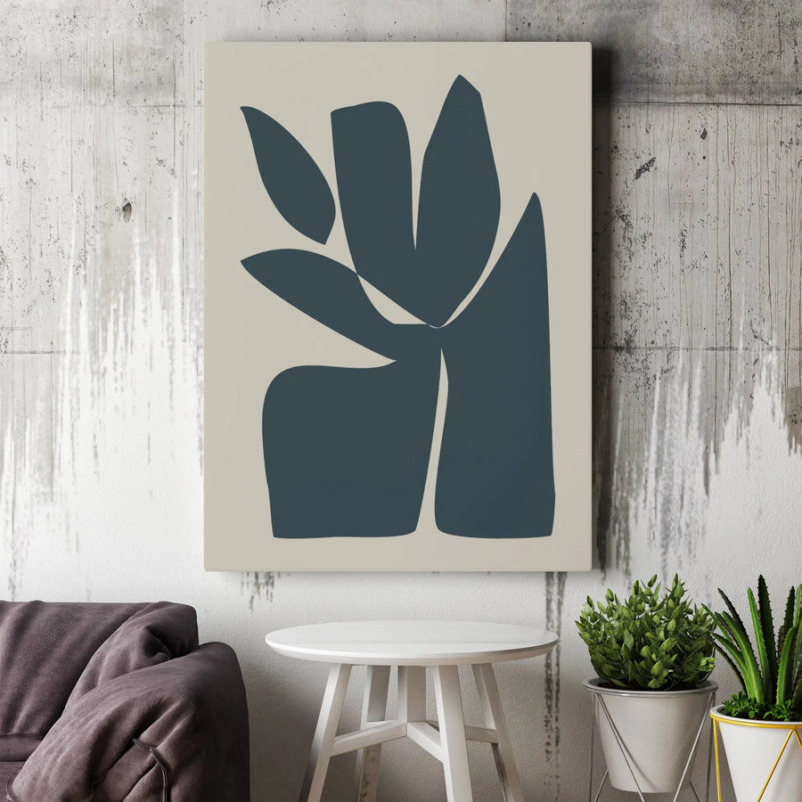 Abstract Botanical Vertical Canvas | Minimalist Navy Blue Flower Art Print | Premium Gallery Wrapped Canvas | Modern Japandi Wall Decor Gift