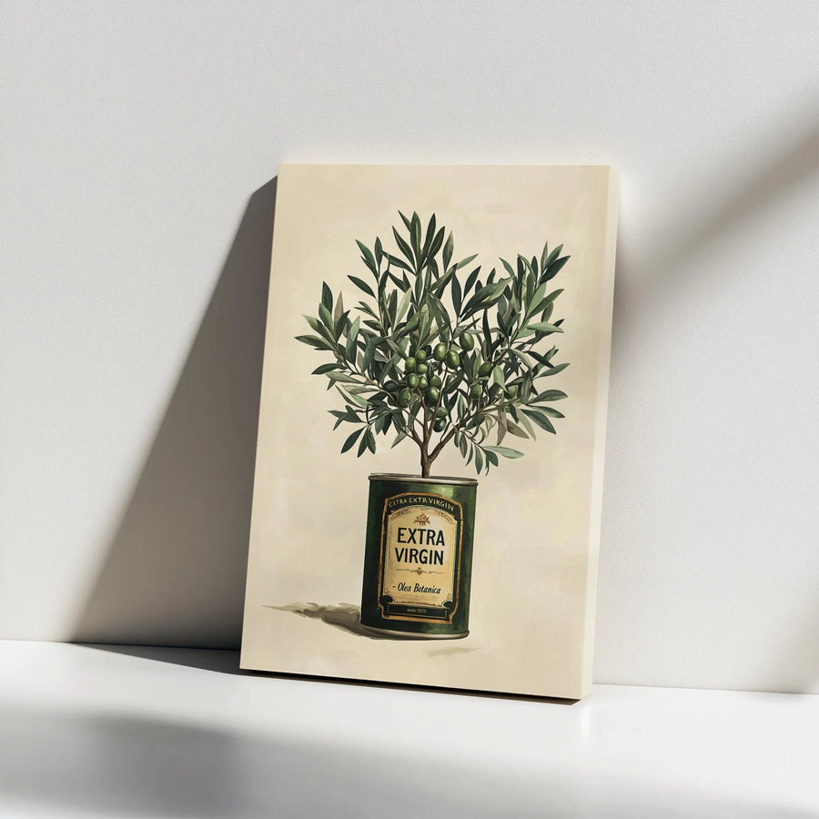 Olive Tree Canvas Wall Art | Vintage Olive Oil Can Illustration | Premium Gallery Wrap Print | Kitchen and Dining Room Decor