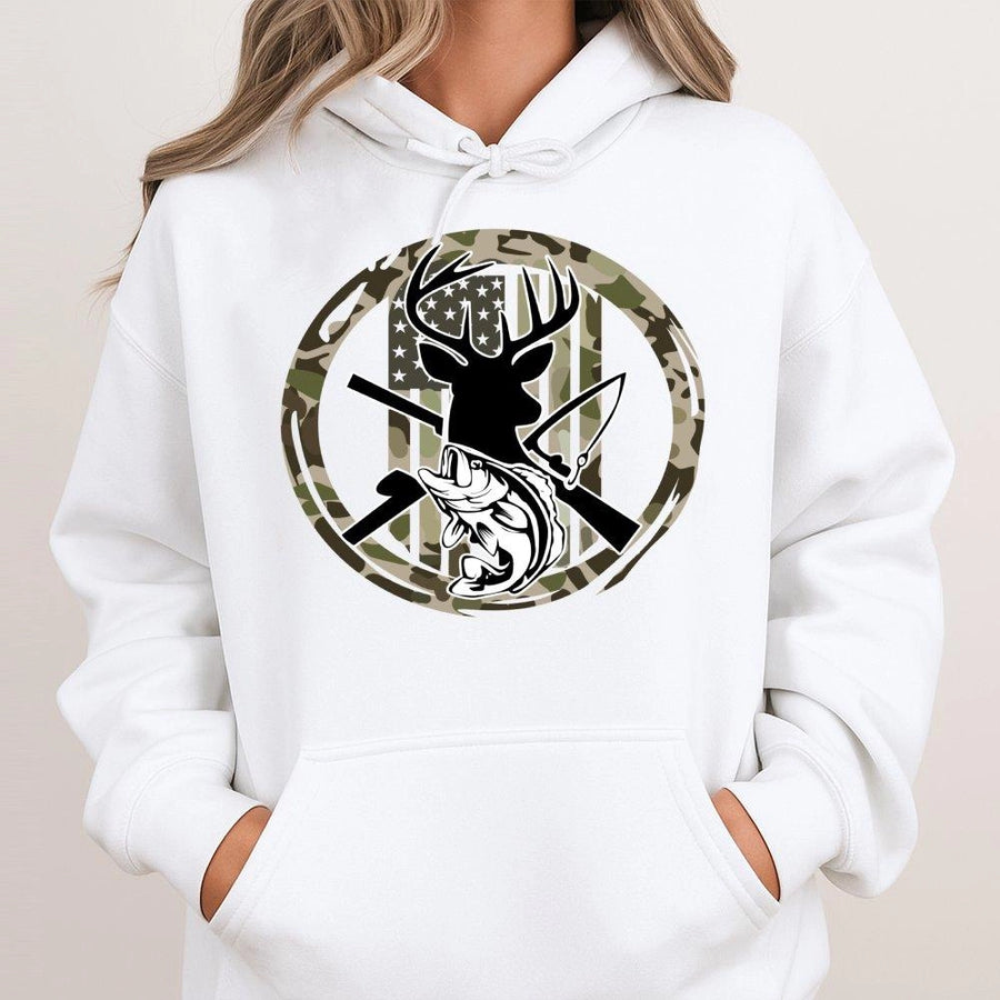 Hunting And Fishing Hoodie | American Flag Deer Antler Graphic | Premium Cotton Blend | Gift For Outdoorsman And Hunter