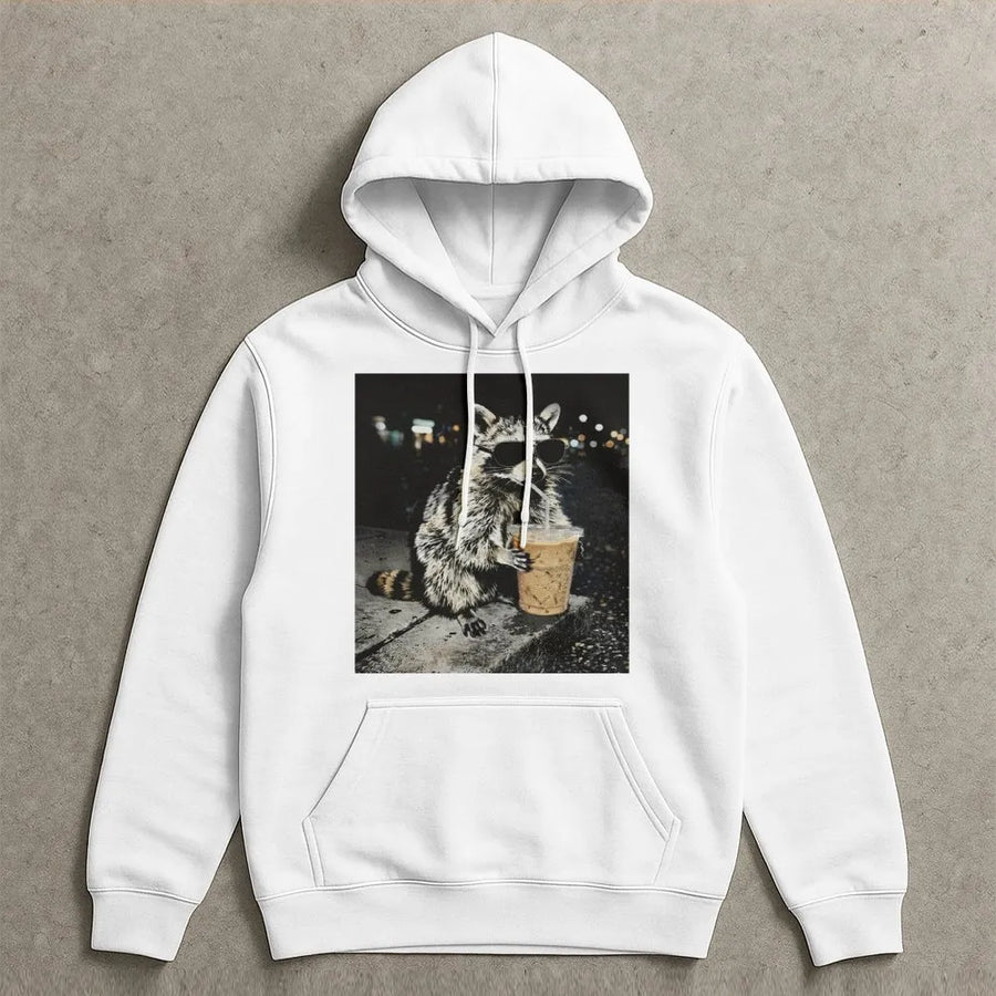 Raccoon Coffee Hoodie | Funny Animal Wearing Sunglasses Graphic | Premium Cotton Blend Sweatshirt | Unique Gift For Coffee Lovers