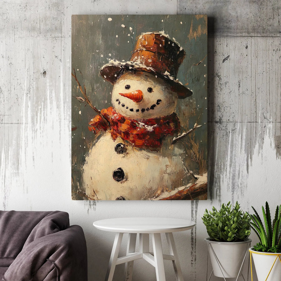 Snowman Oil Painting Canvas Wall Art | Rustic Winter Top Hat & Scarf Design | Premium Gallery Wrapped | Festive Holiday Home Decor Gift