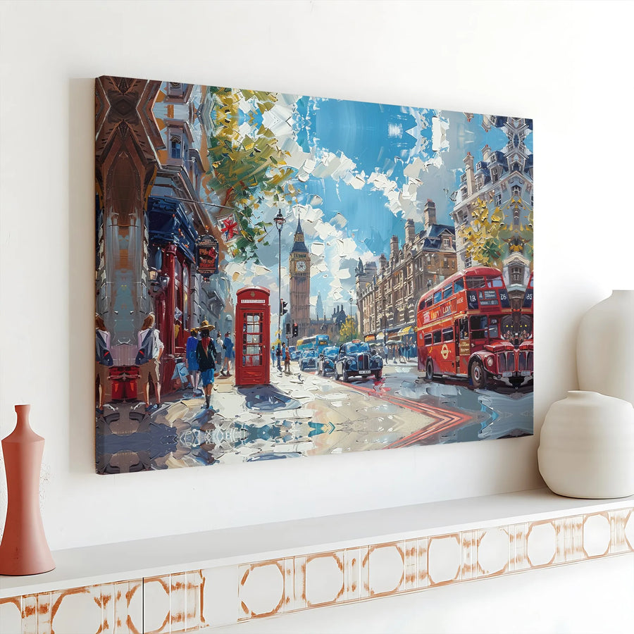 London Canvas Wall Art | Impressionist Cityscape with Red Bus & Big Ben | Gallery Wrapped Premium Canvas | British Home Decor Gift for Traveler