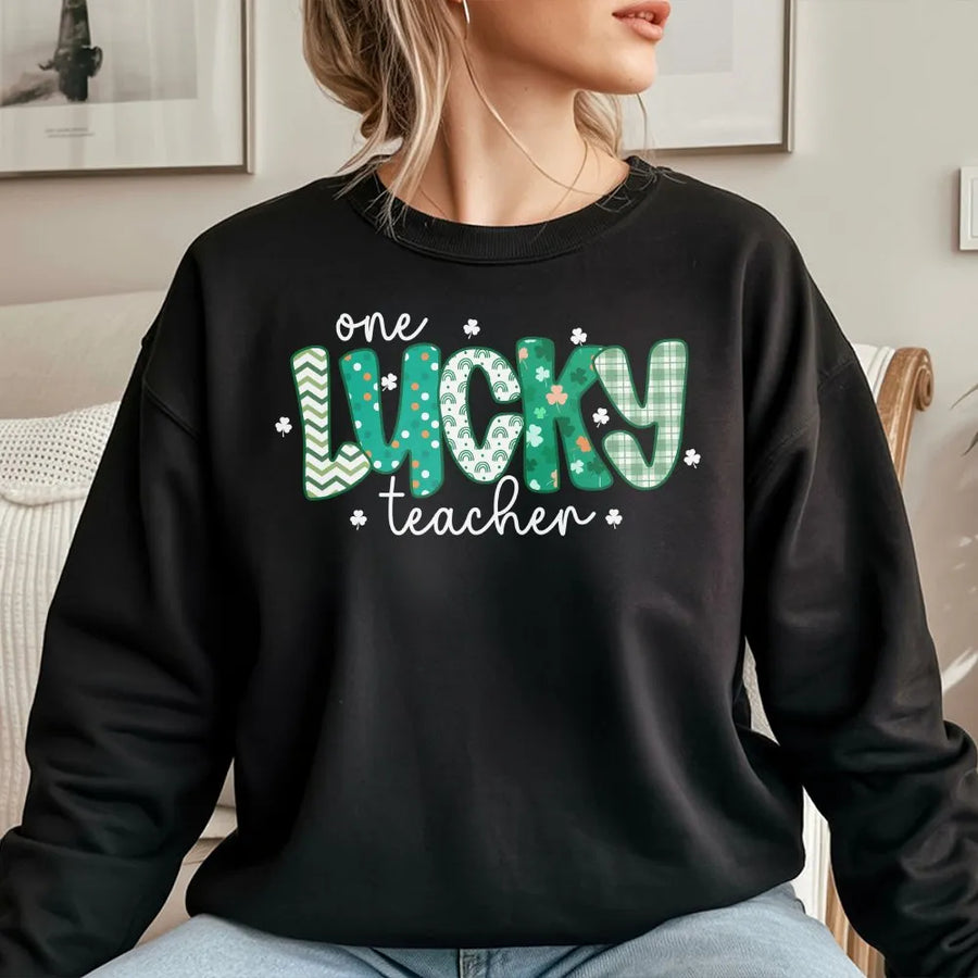 One Lucky Teacher Sweatshirt | St Patricks Day Clover Graphic | Soft Cotton Blend Unisex Pullover | Irish School Staff Appreciation Gift