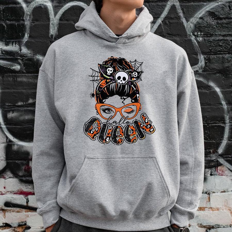 Hallo Queen Halloween Hoodie | Spooky Messy Bun Graphic | Premium Cotton Blend | Funny Gift for Women & Moms