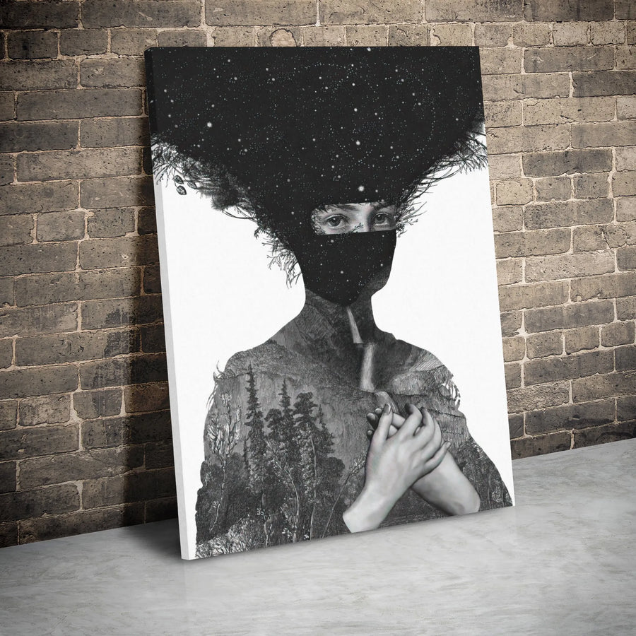 Surreal Woman Portrait Canvas Art | Starry Galaxy Hair & Forest Double Exposure Print | Premium Gallery Wrap | Modern Home Decor Gift