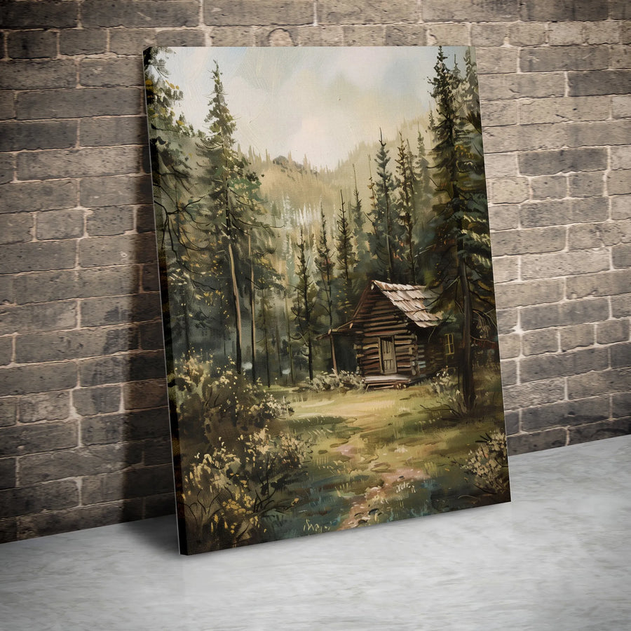 Log Cabin Forest Vertical Canvas | Vintage Oil Painting Style | Thick 1.25" Gallery Wrap | Rustic Home Decor & Nature Lover Gift