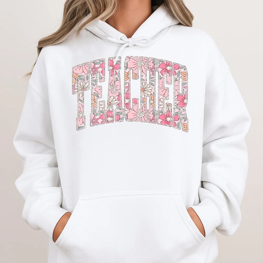 Floral Teacher Hoodie | Retro Spring Flower Graphic Crewneck | Soft Cotton Blend Pullover | Teacher Appreciation Gift
