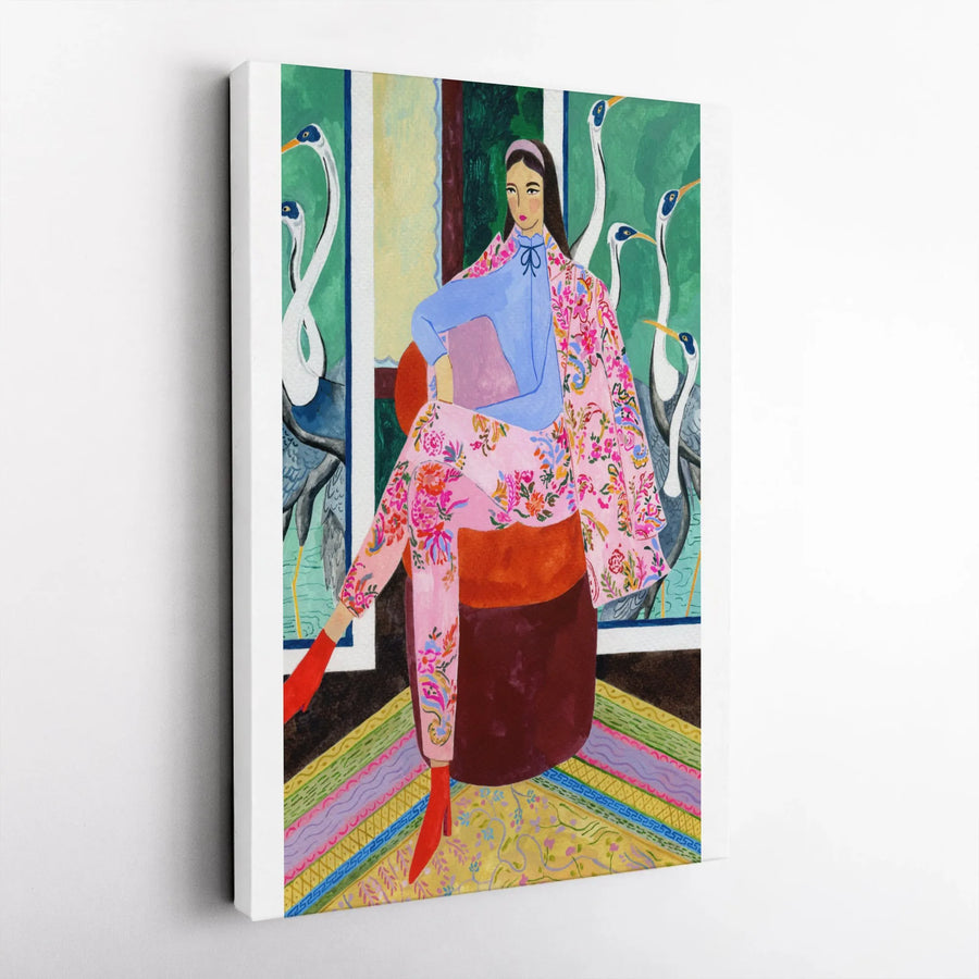 Eclectic Woman and Herons Canvas Art | Colorful Maximalist Portrait Print | Premium Gallery Wrapped Canvas | Unique Home Decor Gift