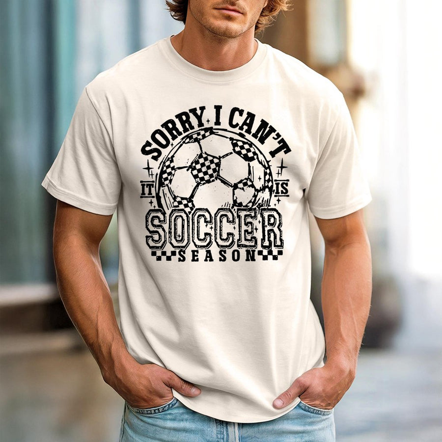 Sorry I Can't It's Soccer Season T-Shirt | Retro Checkered Ball Graphic | 100% Premium Cotton Tee | Soccer Mom Game Day Gift