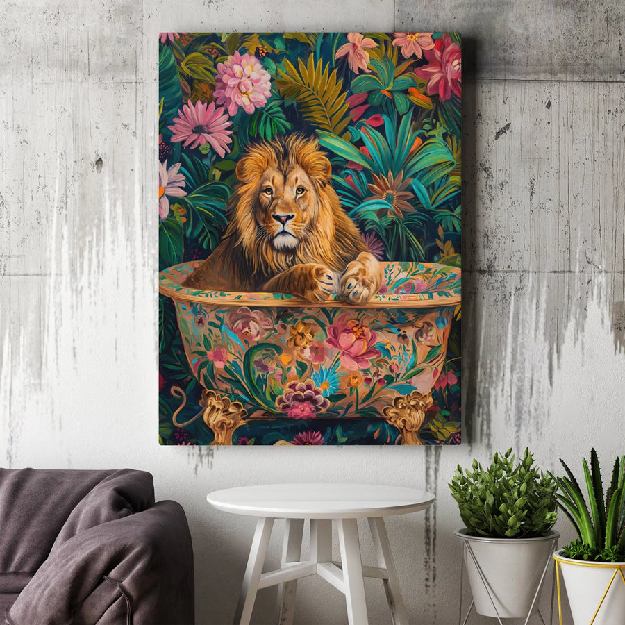 Lion In Bathtub Canvas Wall Art | Botanical Jungle Floral Print | Premium Gallery-Wrapped Decor | Unique Bathroom Living Room Gift