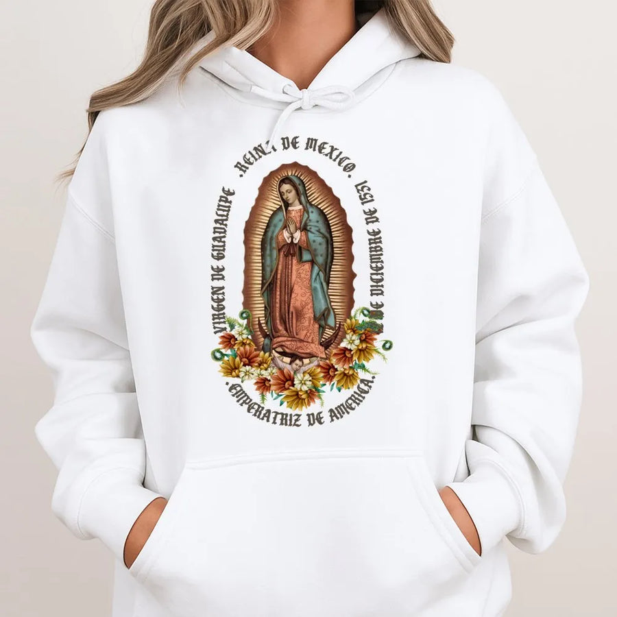 Virgen De Guadalupe Hoodie | Floral Religious Graphic Design | Premium Cotton Blend | Catholic Gift For Women And Men