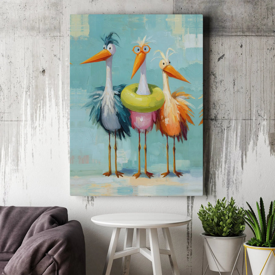 Funny Birds Canvas Wall Art | Quirky Seabirds Painting Print | Premium Gallery Wrapped Canvas | Unique Gift for Coastal Home or Nursery Decor