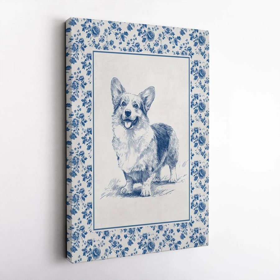 Corgi Wall Art | Blue Sketch Chinoiserie Floral Border | Premium Gallery Wrapped Canvas | Dog Lover Home Decor Gift