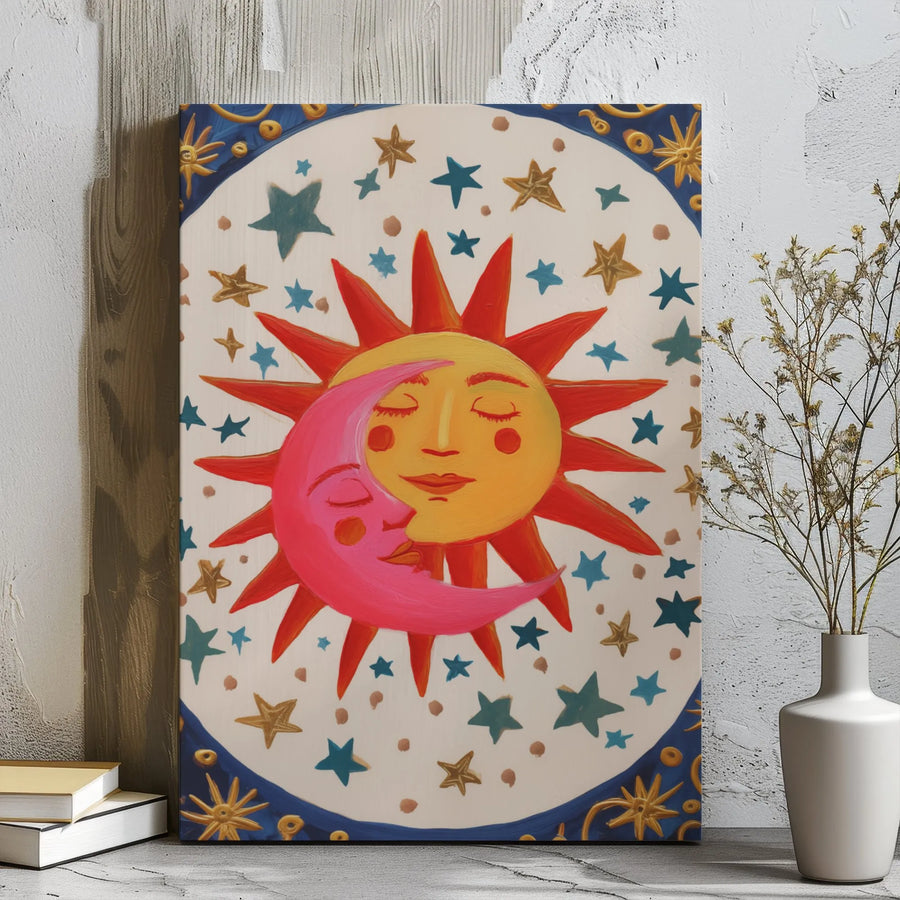 Celestial Sun And Moon Canvas Wall Art | Whimsical Boho Embracing Stars Print | Premium 1.25" Gallery Wrap | Spiritual Home Decor Gift