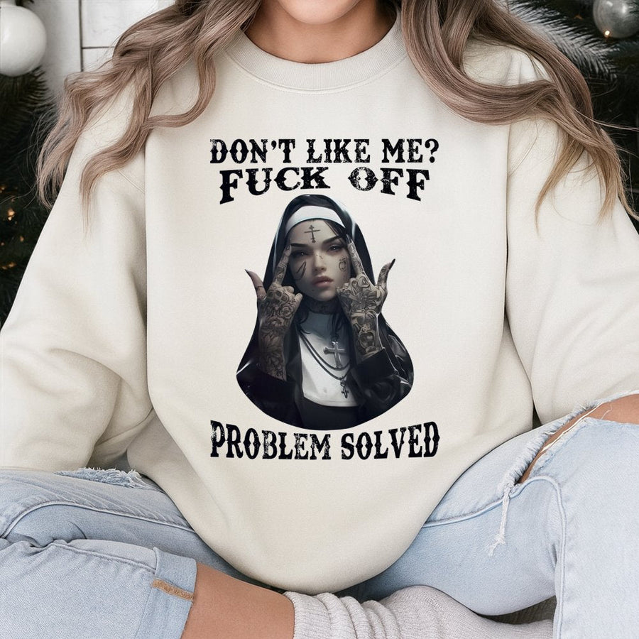 Sassy Nun Graphic Sweatshirt | Edgy Tattoo Girl Artwork | Premium Cotton Blend Crewneck | Unisex Funny Sarcastic Gift for Women & Men