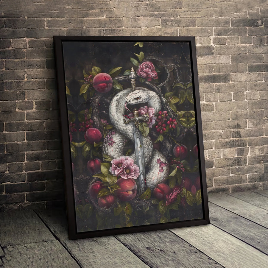 White Snake and Sword Canvas Wall Art | Dark Botanical Serpent Print | Premium Gallery Wrapped Decor | Gothic Home Office Gift for Art Lovers