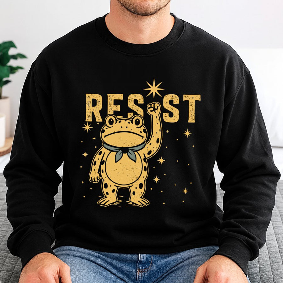 Resist Frog Sweatshirt | Activist Protest Graphic Pullover | Soft Cotton Blend Unisex Apparel | Unique Gift for Social Justice Advocates