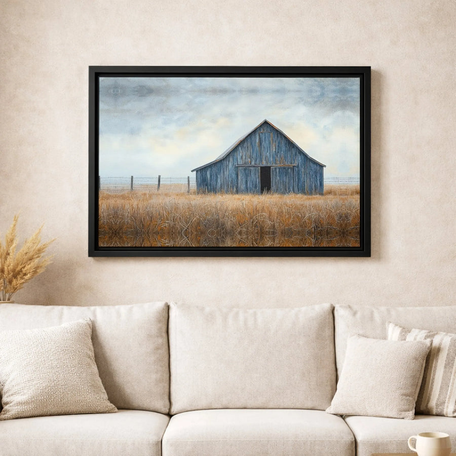 Rustic Blue Barn Canvas Print | Golden Wheat Field Landscape Art | Premium Gallery Wrapped Wall Decor | Farmhouse Living Room Gift