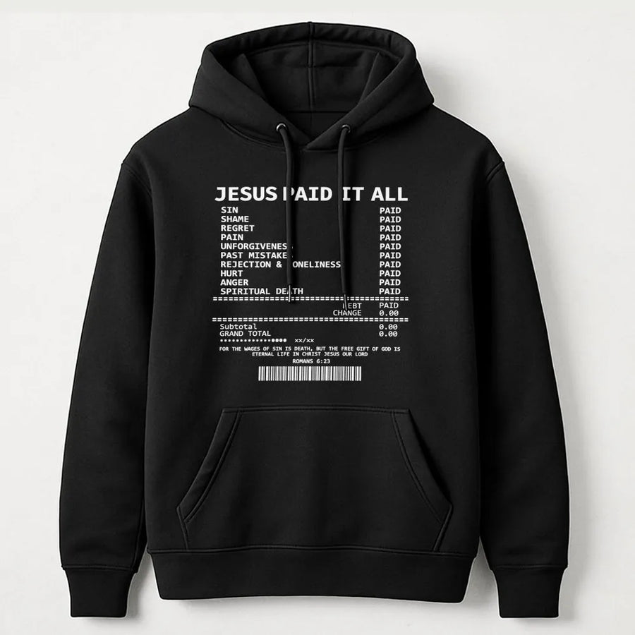 Jesus Paid It All Hoodie | Christian Bible Verse Receipt Design | Premium Cotton Blend | Religious Gift for Men and Women