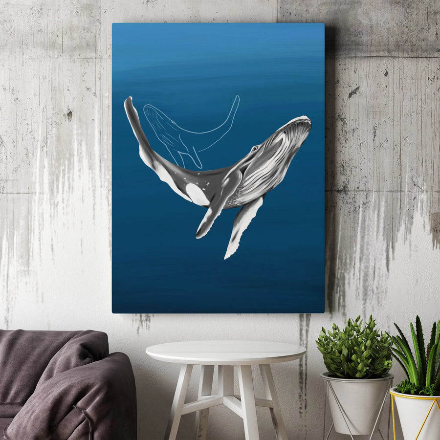 Humpback Whale Canvas Wall Art | Deep Blue Ocean Spirit Outline Print | Premium Gallery Wrapped Decor | Ocean Life Home & Office Gift